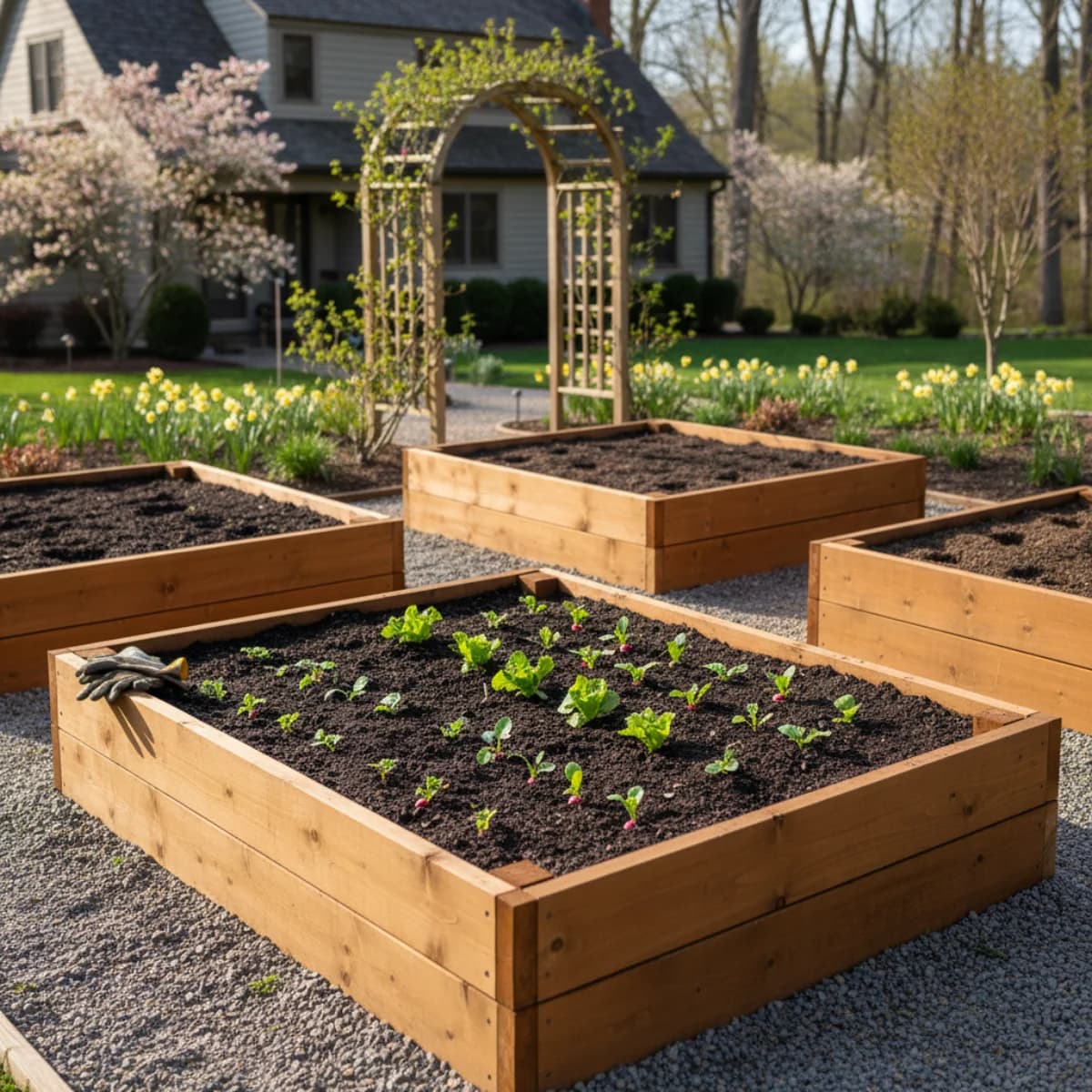 Two neat raised wooden garden beds with dark rich soil in a bright spring garden, ready for planting