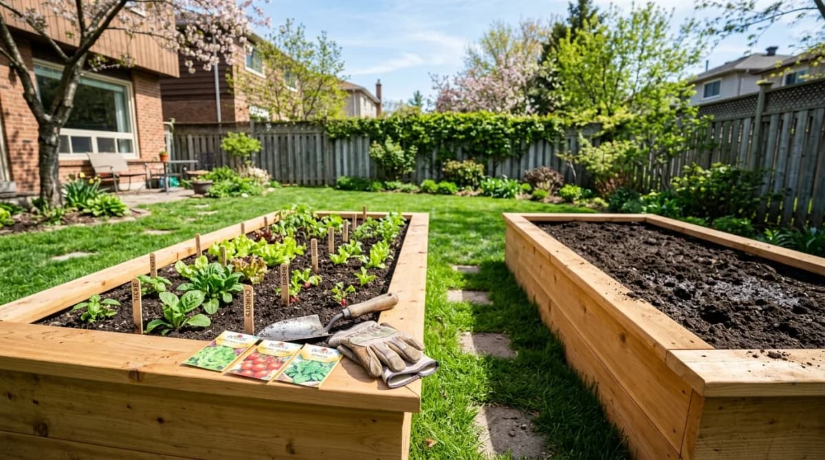 New cedar raised beds filled with dark soil in a sunny backyard garden