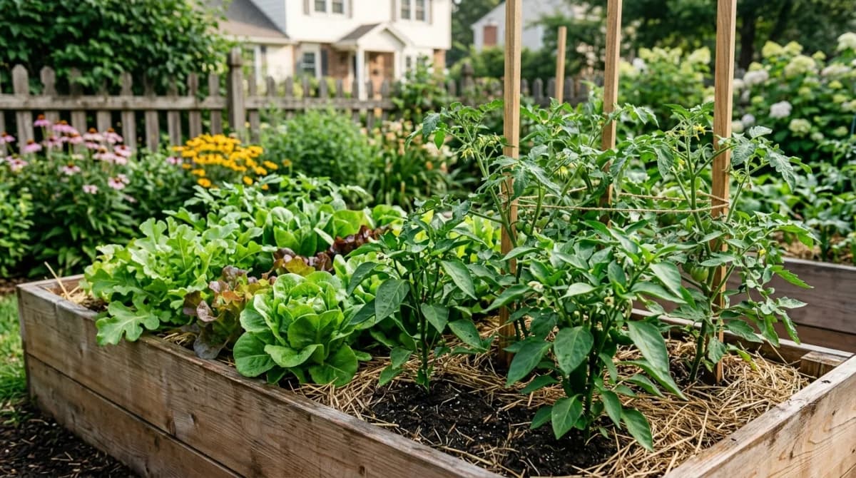 Healthy vegetable plants growing in a raised bed filled with dark, rich soil mix