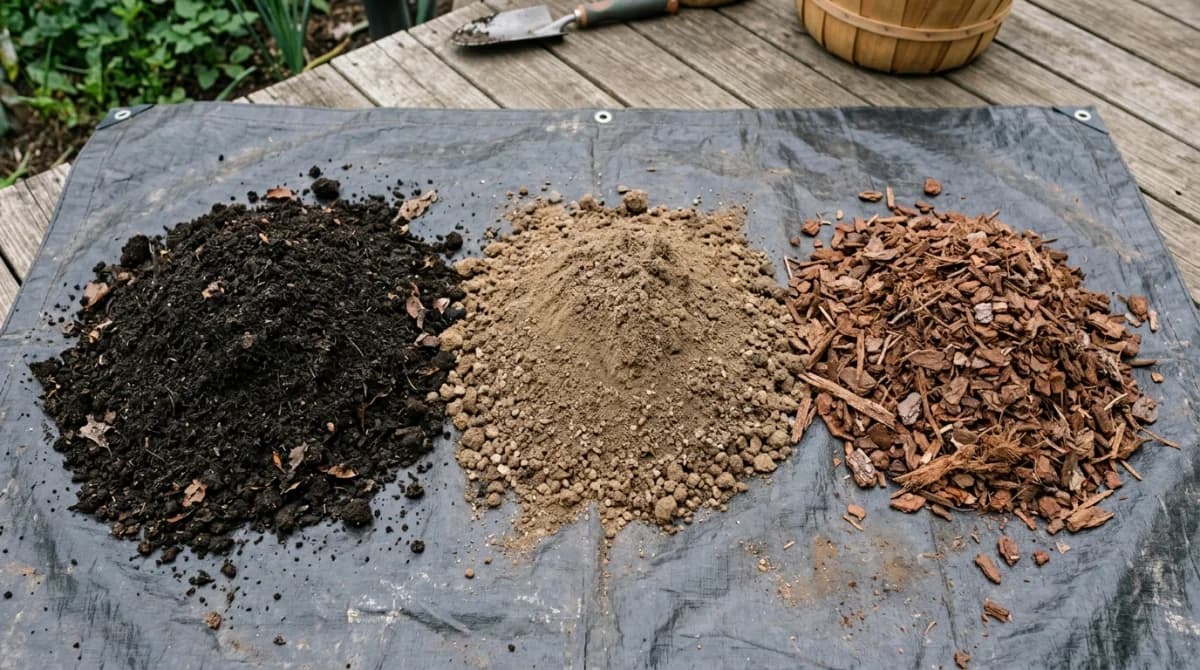 Three piles of raised bed soil ingredients: dark compost, sandy topsoil, and bark fines side by side