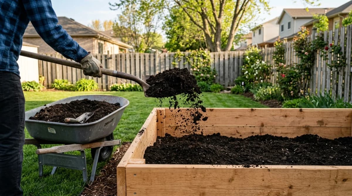 Rich dark soil mix being shoveled into a cedar raised garden bed