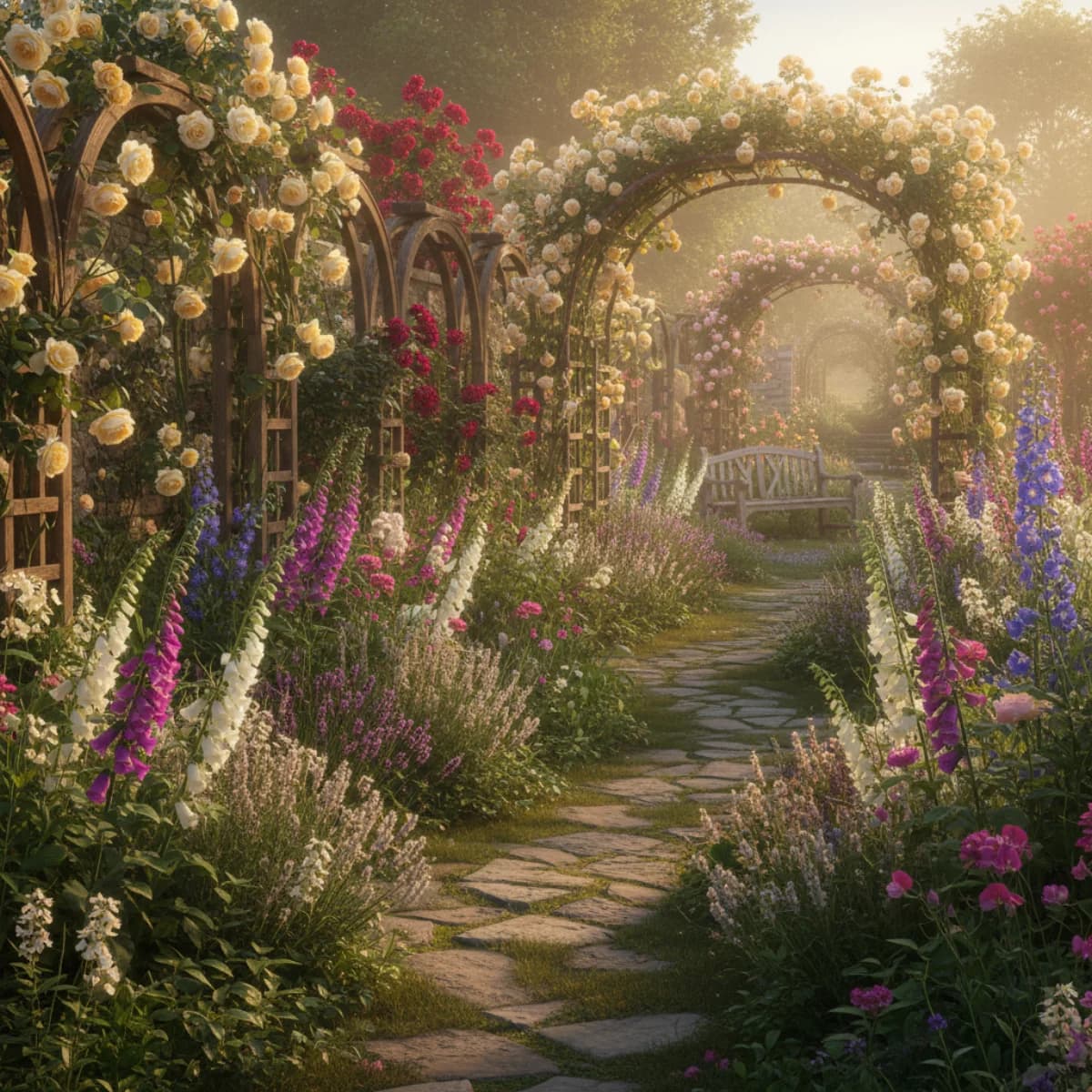 A lush garden path lined with roses and soft flowering plants leading to a private seating area at dusk