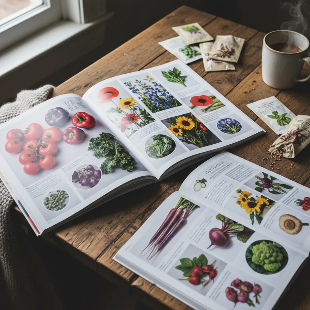 Colorful seed catalogs open on a wooden table with seed packets and a cup of coffee