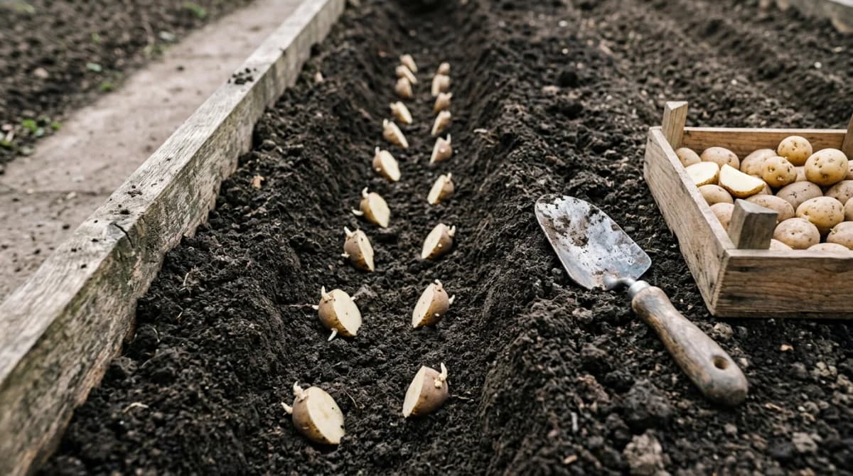 Seed potatoes being planted in a prepared garden bed in early spring