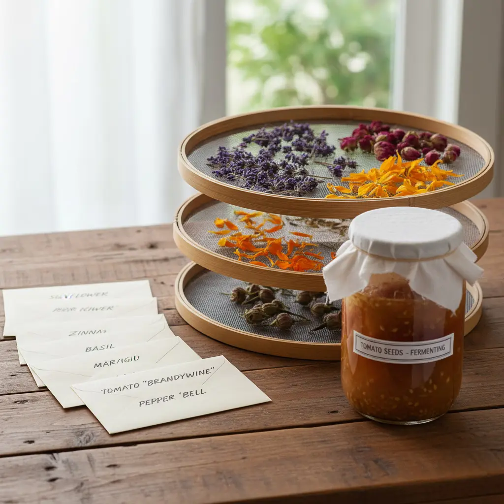 Table with labeled envelopes, mesh drying rack with flower heads and tomato seeds fermenting jar, soft light