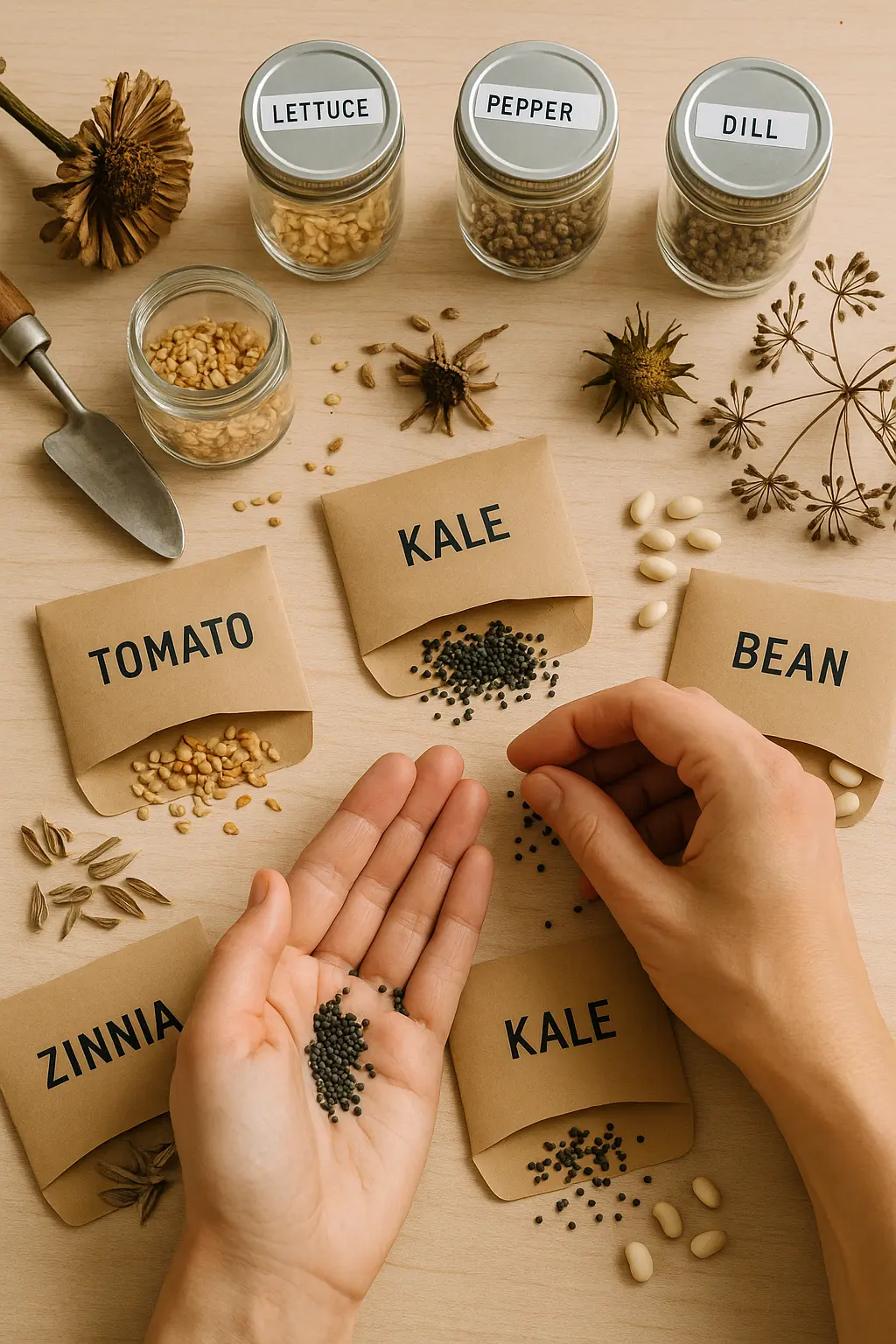 Hands carefully collecting mature seeds from various garden plants with labeled storage containers