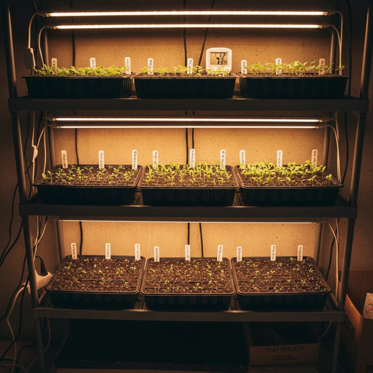 Seedling trays under grow lights in a home garden setup