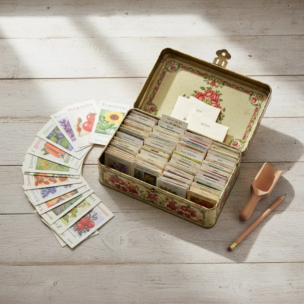 Organized seed storage system with labeled envelopes in a tin box, seed packets arranged by type