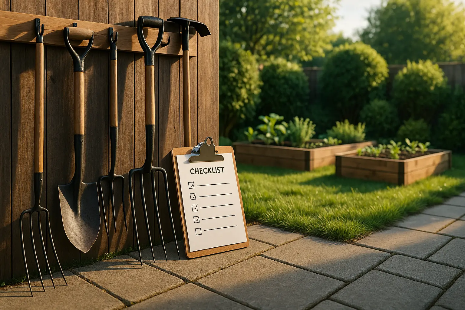 Backyard scene with tidy tool rack, checklist on clipboard, raised beds and shrubs in background, morning light