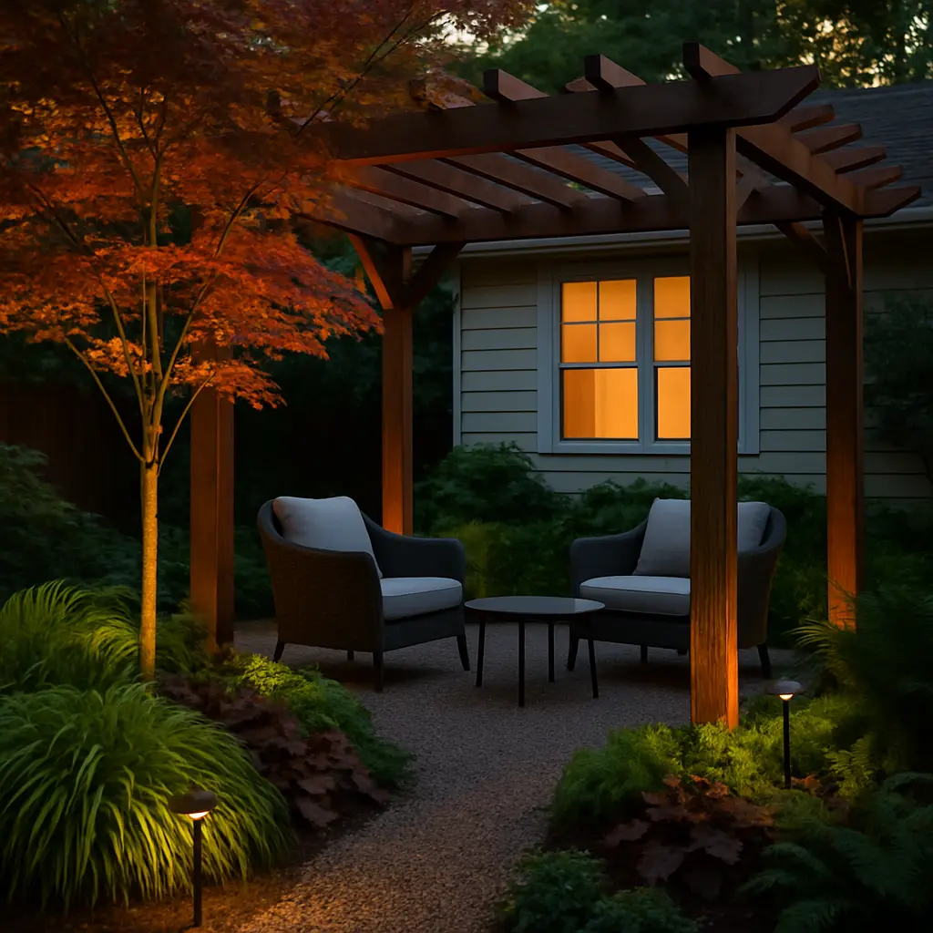 Inviting pergola seating surrounded by layered shade plants