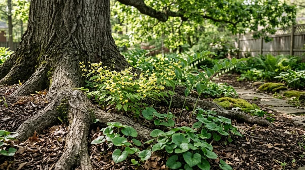 Dry shade garden under mature trees with epimedium, Solomon's seal, and wild ginger