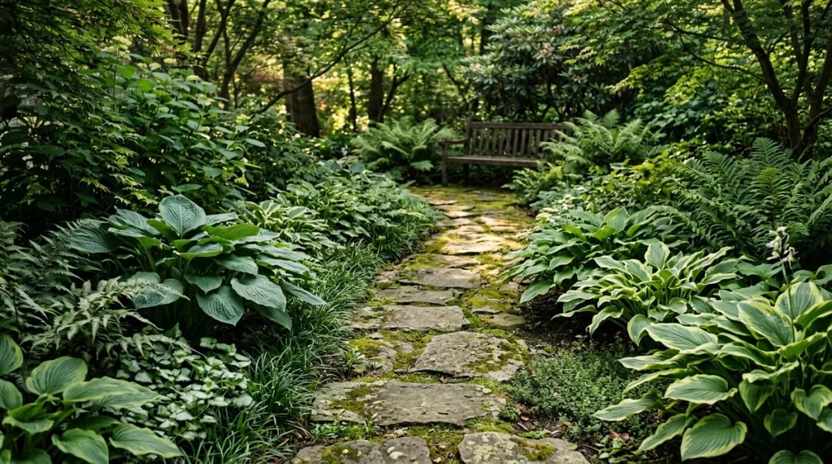 Shade garden path with stepping stones through lush groundcover and hostas