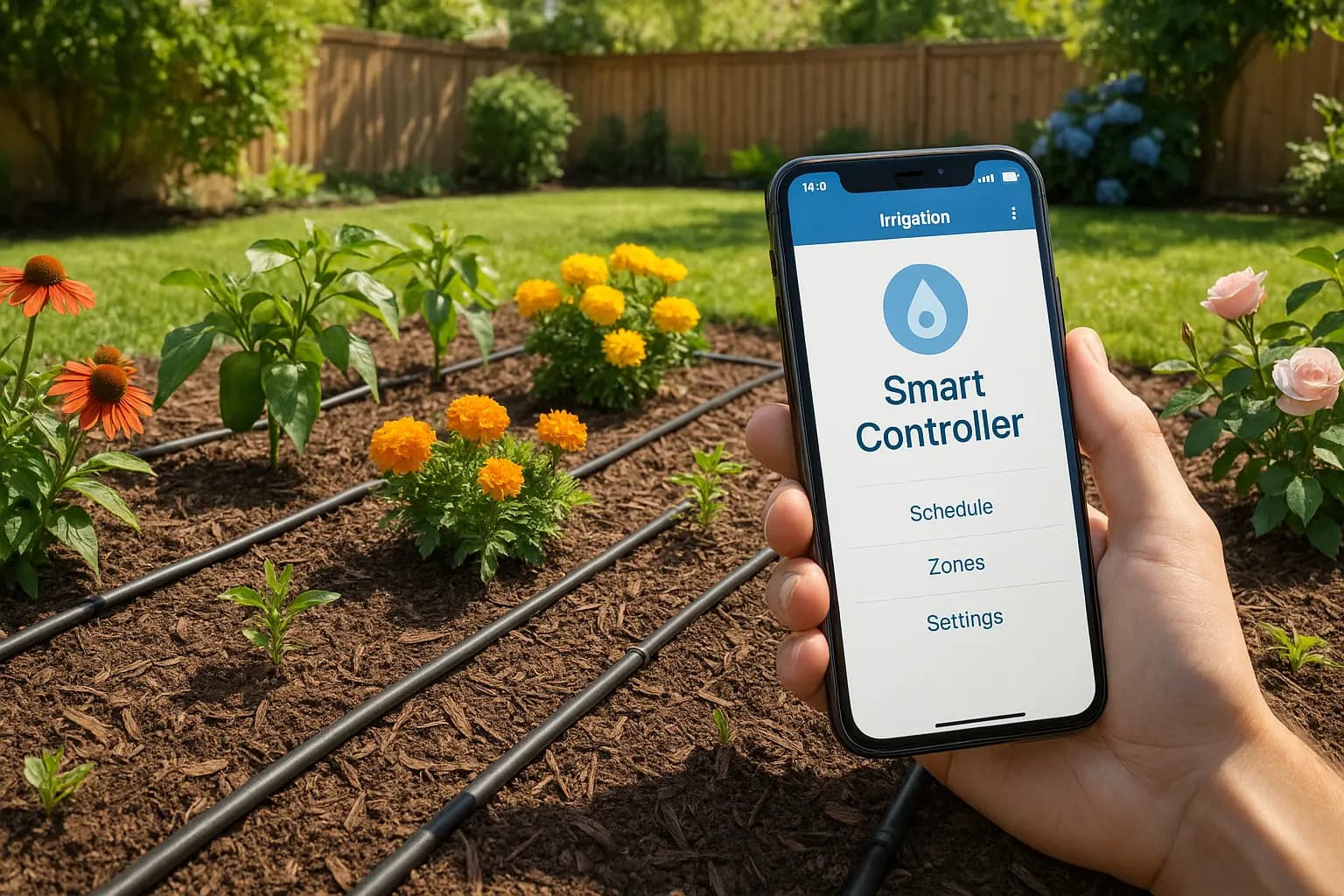 Smart controller app displayed next to garden with visible drip lines under mulch