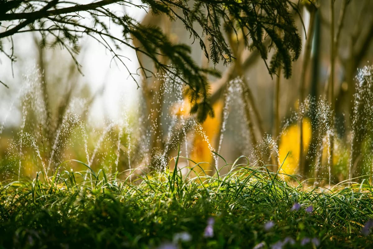Modern smart sprinkler system watering a lush garden