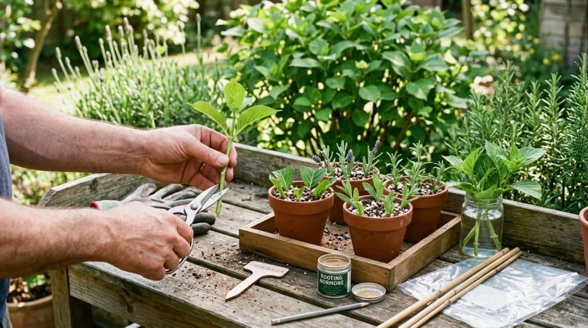 A close-up of a gardener's hands cutting a young, soft green stem tip from a hydrangea bush with sharp scissors, with a tray of small pots filled with gritty compost in the foreground