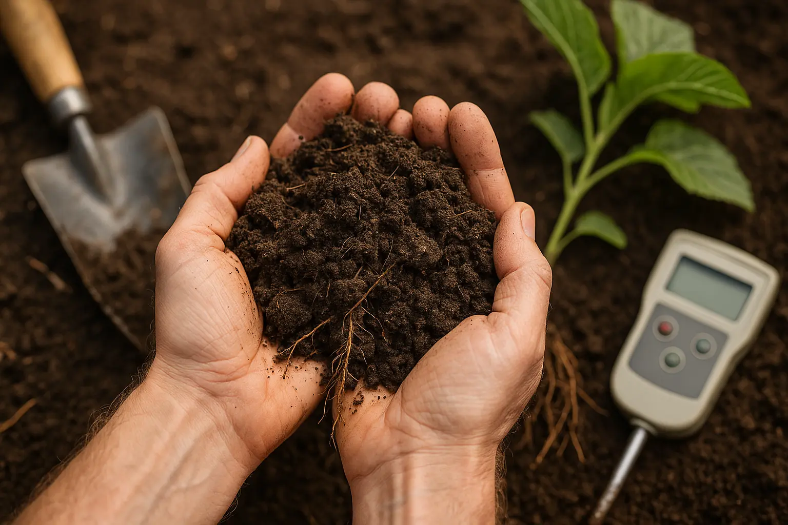 Hands holding rich, dark soil with visible organic matter and healthy structure