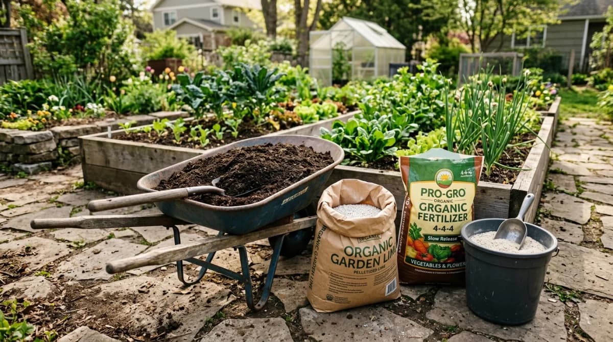 Soil amendments including bags of lime, compost, and organic fertilizer arranged on a garden path