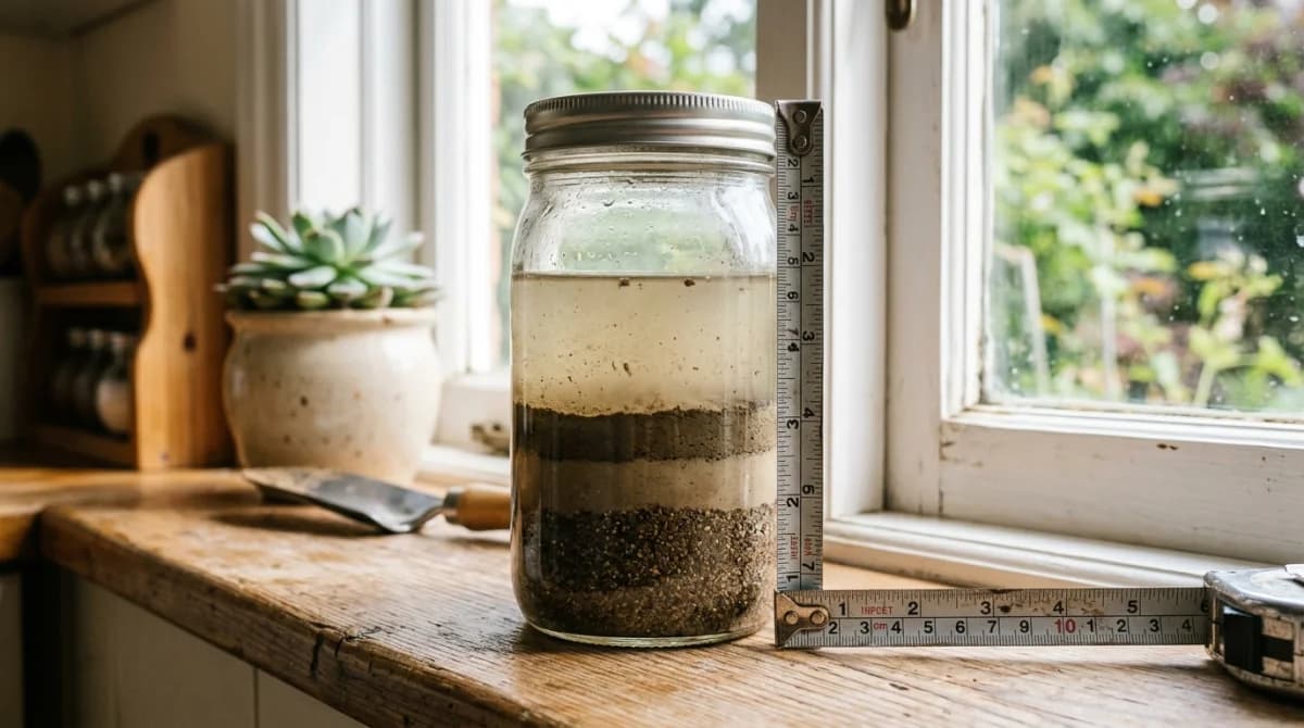 Mason jar soil texture test showing separated layers of sand, silt, and clay