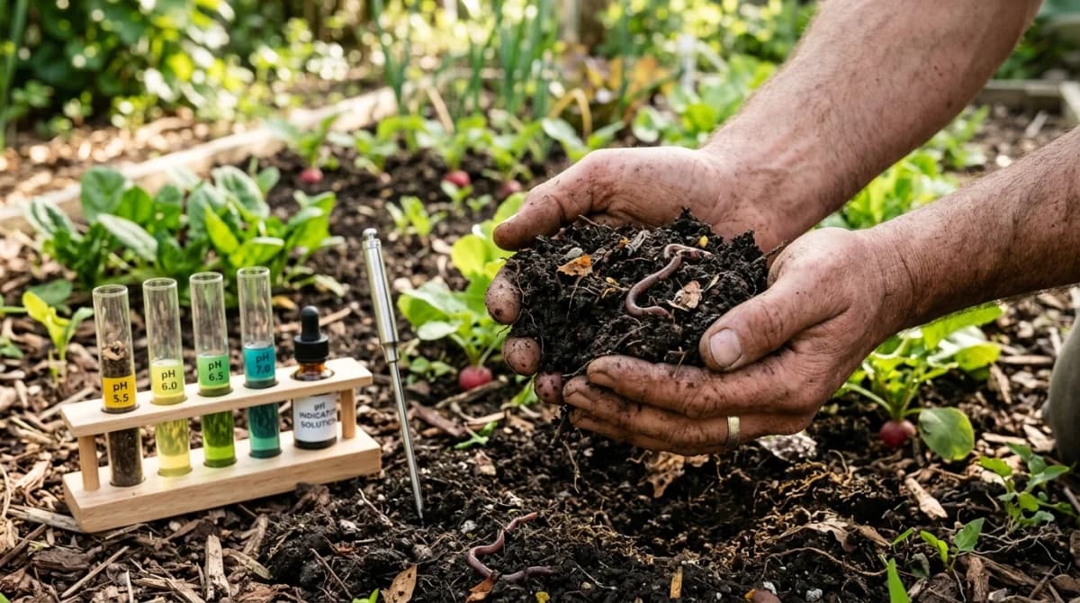Hands holding rich dark garden soil with a soil testing kit in the background