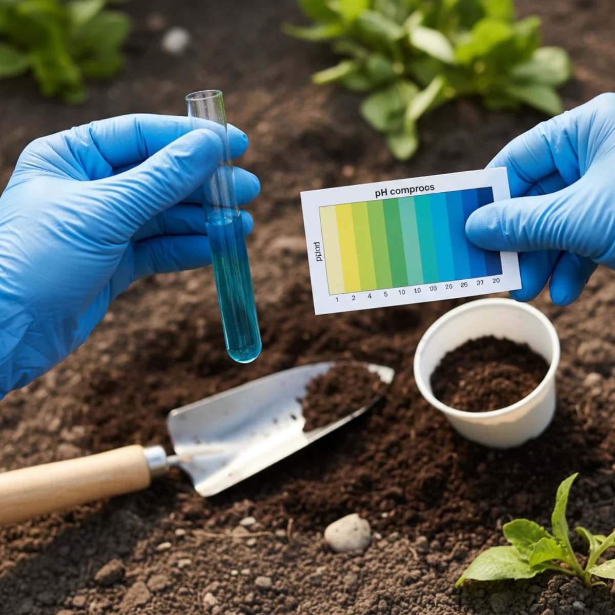 Close-up of dark garden soil with a hand holding a soil test kit, showing the color comparison chart