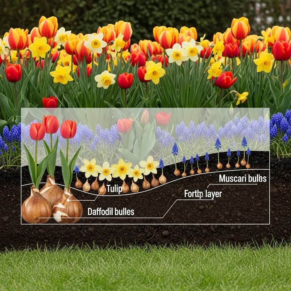 Garden bed photo with semi-transparent overlay showing bulb layers (tulips, daffodils, muscari), labels