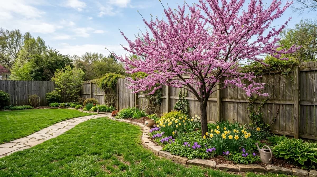 A compact flowering tree in full spring bloom in a small residential garden