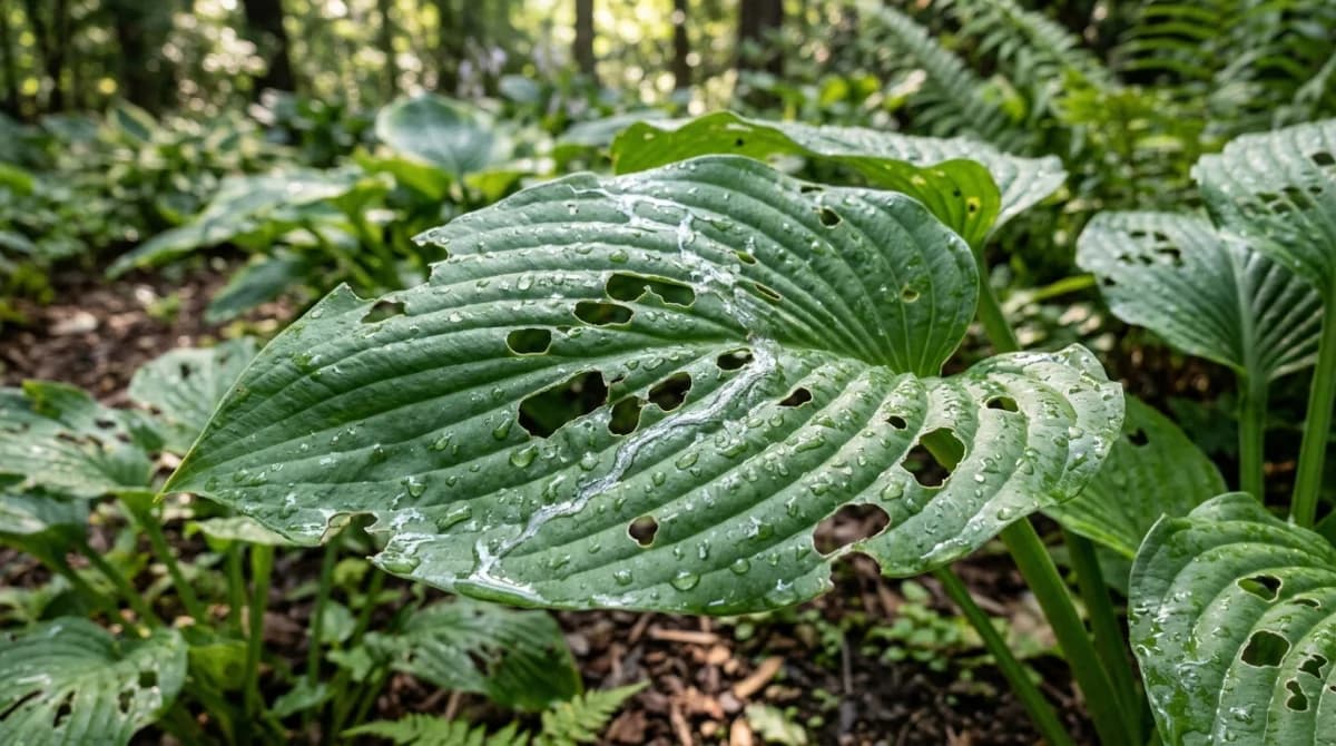 Close-up of slug damage on hosta leaves showing characteristic irregular holes