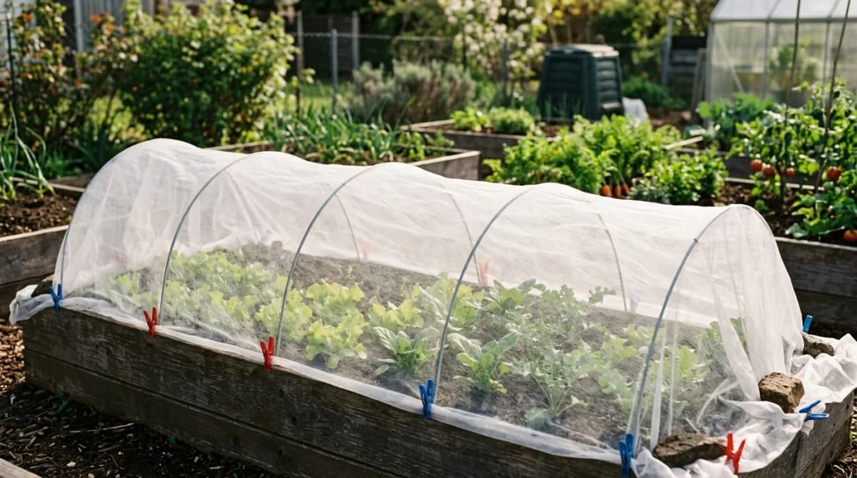 Row cover fabric protecting young vegetable seedlings from pest insects