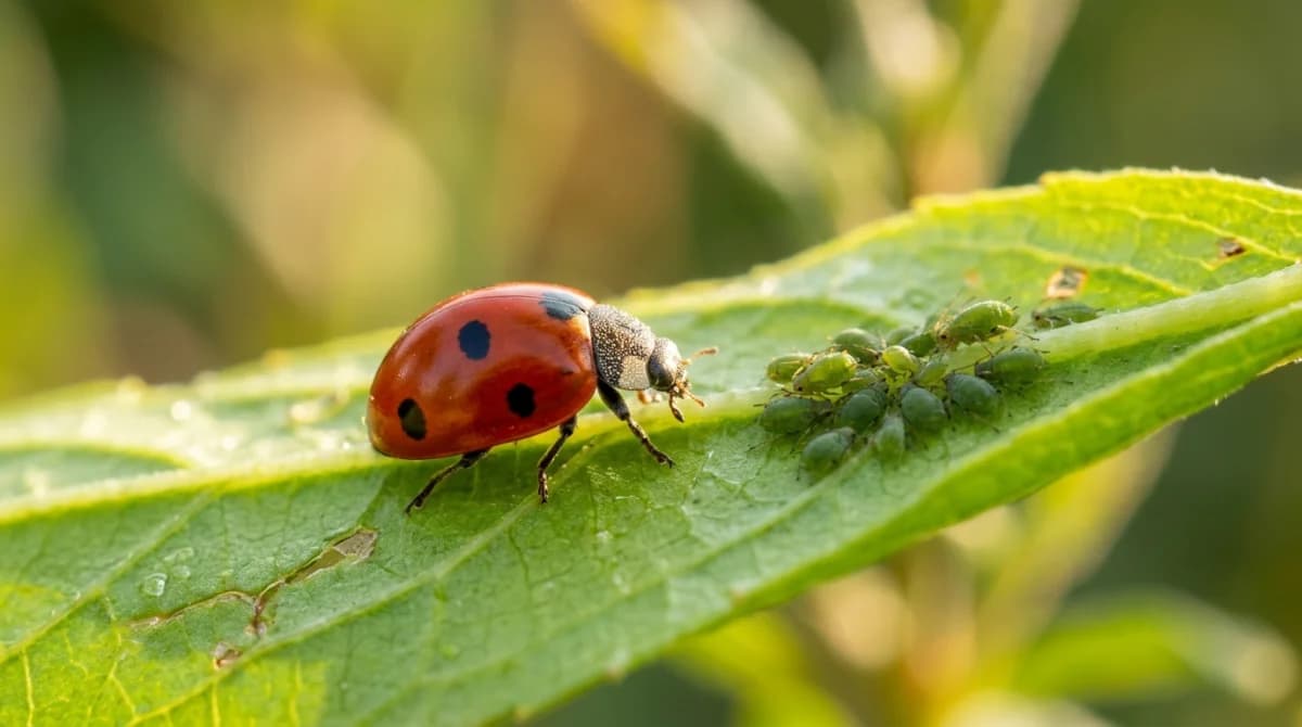 Ladybug on a green leaf with aphids, showing natural pest control in action
