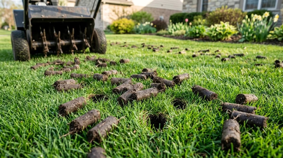 Lawn aerator pulling soil plugs from compacted grass