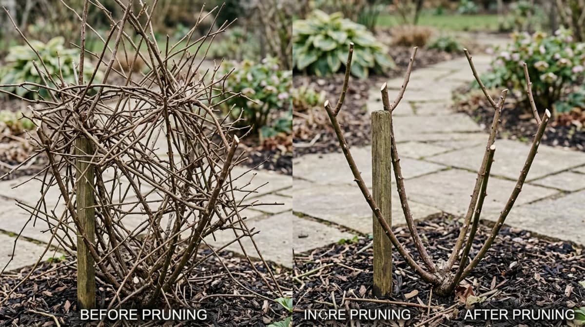 Before and after rose pruning showing a bush transformed from tangled to open-centered and clean