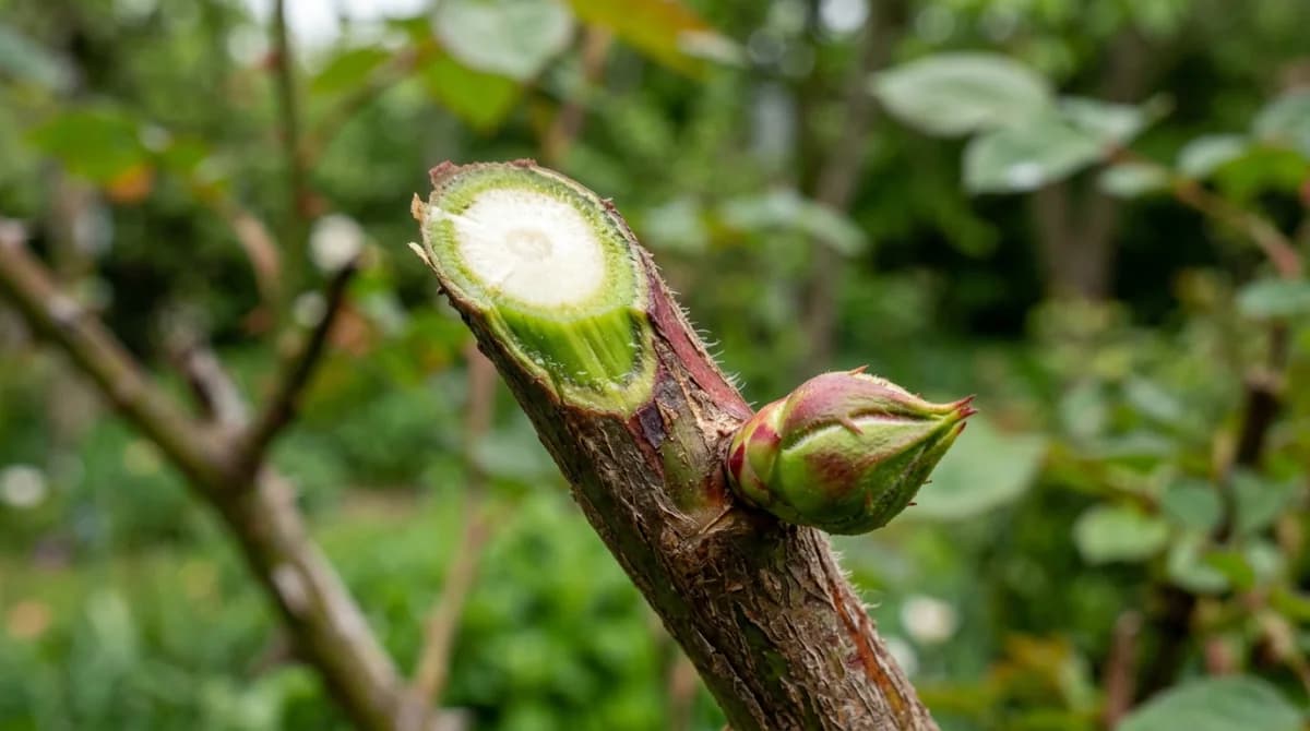 Close-up of a proper 45-degree pruning cut above an outward-facing rose bud