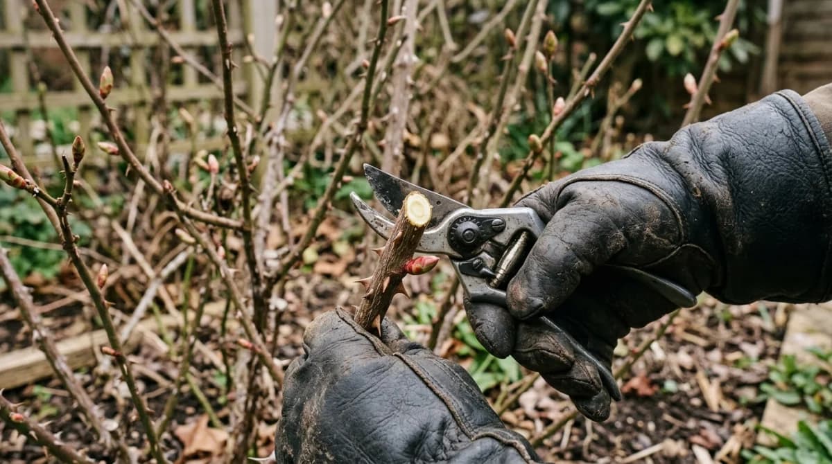 Gardener with bypass pruners making a clean cut on a dormant rose cane in early spring