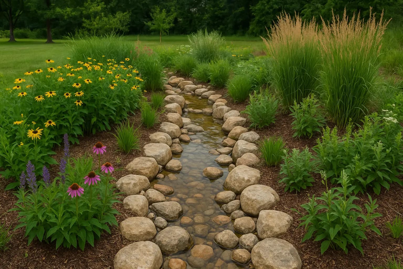 Rain garden capturing runoff with native plants and stone drainage features