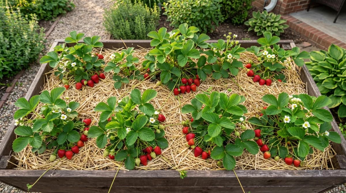 Strawberry plants with ripe red berries growing in a garden bed with straw mulch