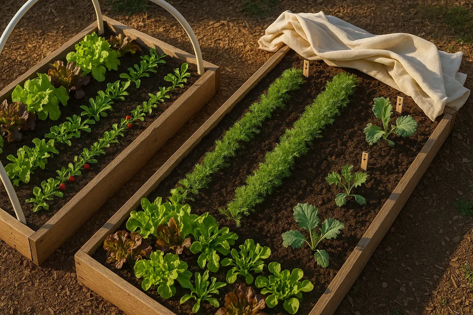 Garden beds showing different stages of lettuce and vegetables planted in succession for continuous harvest
