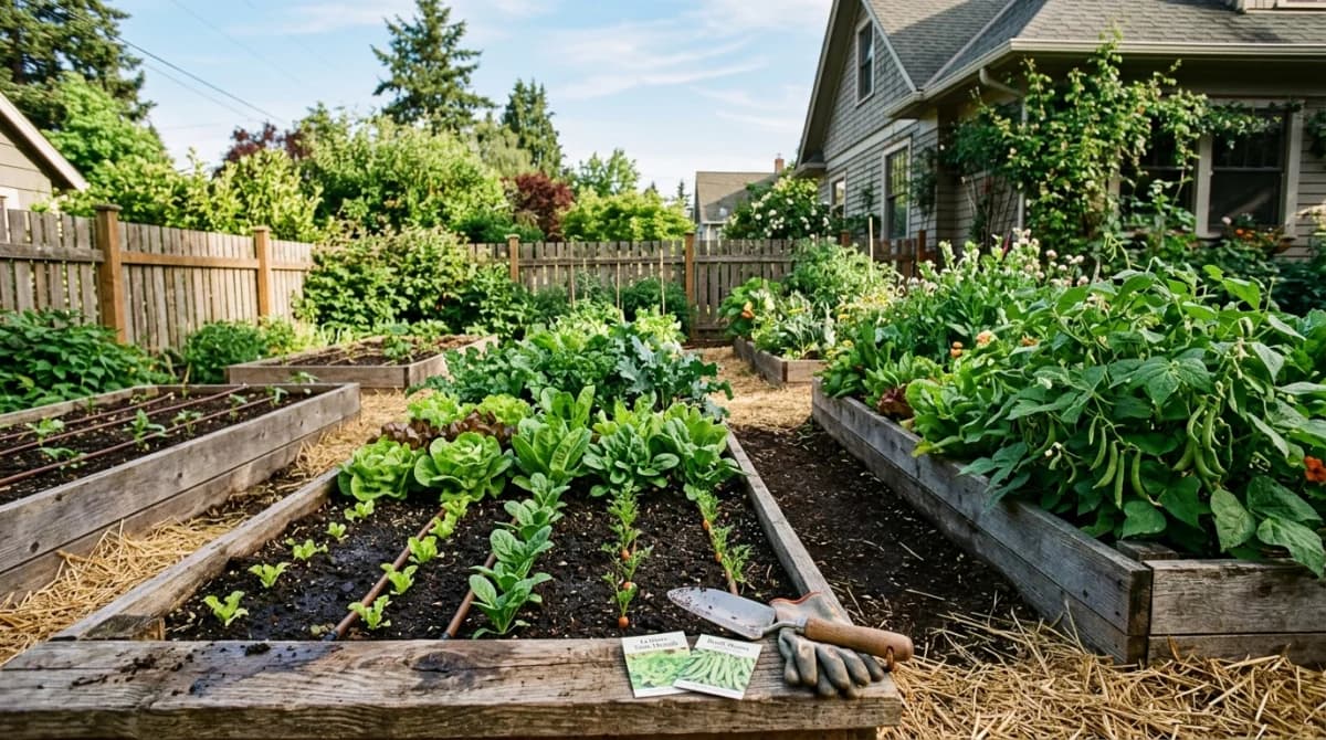 Vegetable garden beds showing different stages of crop growth from seedlings to mature plants