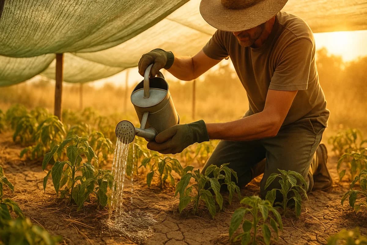 Gardener caring for plants during extreme summer heat with shade cloth and water