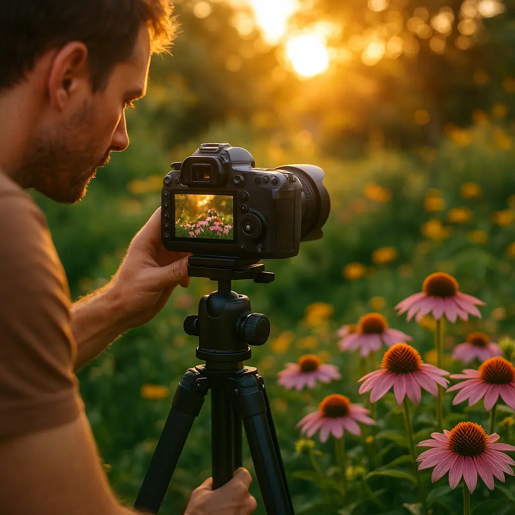 Split screen showing amateur vs professional summer garden photos demonstrating lighting and composition differences