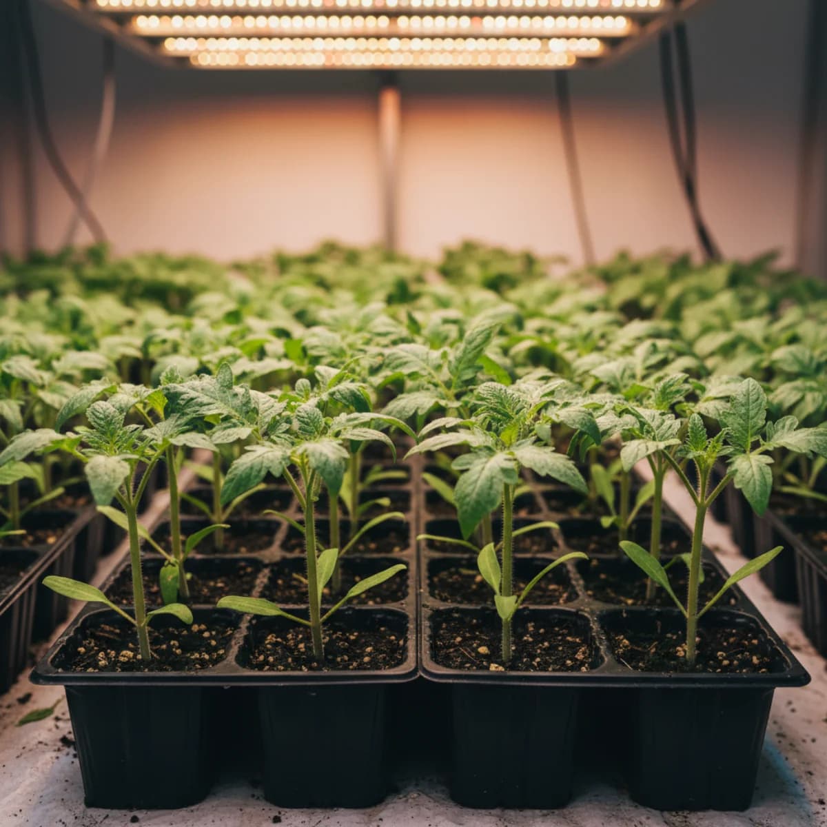 Healthy tomato seedlings in cell trays under warm grow lights