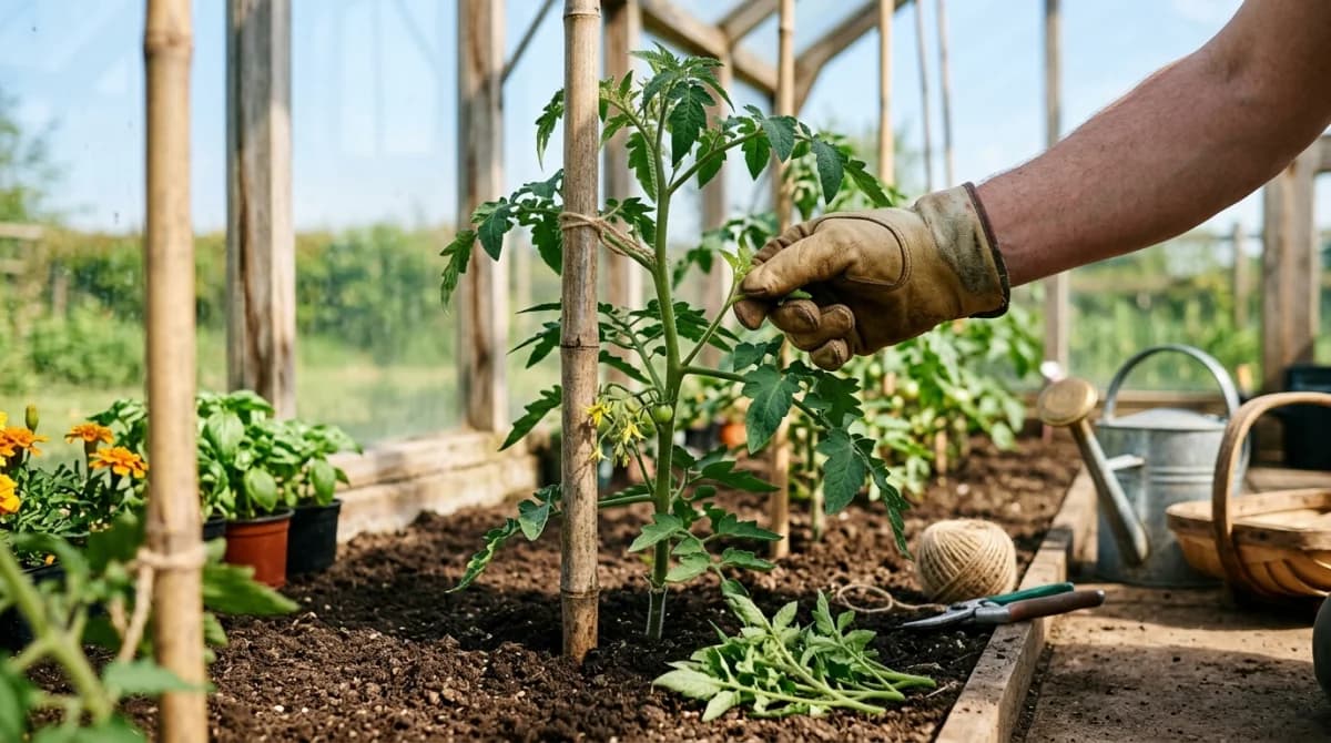 A close-in view of a sunny mid-May greenhouse tomato bed showing a young cordon tomato plant tied to a bamboo cane, with a gardener's hand pinching a small side shoot from the angle between the main stem and a leaf, and a coil of soft twine resting on the bed edge