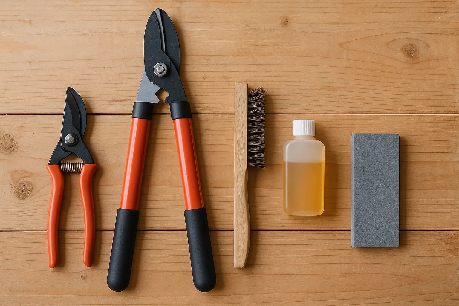 Garden tool maintenance workbench setup
