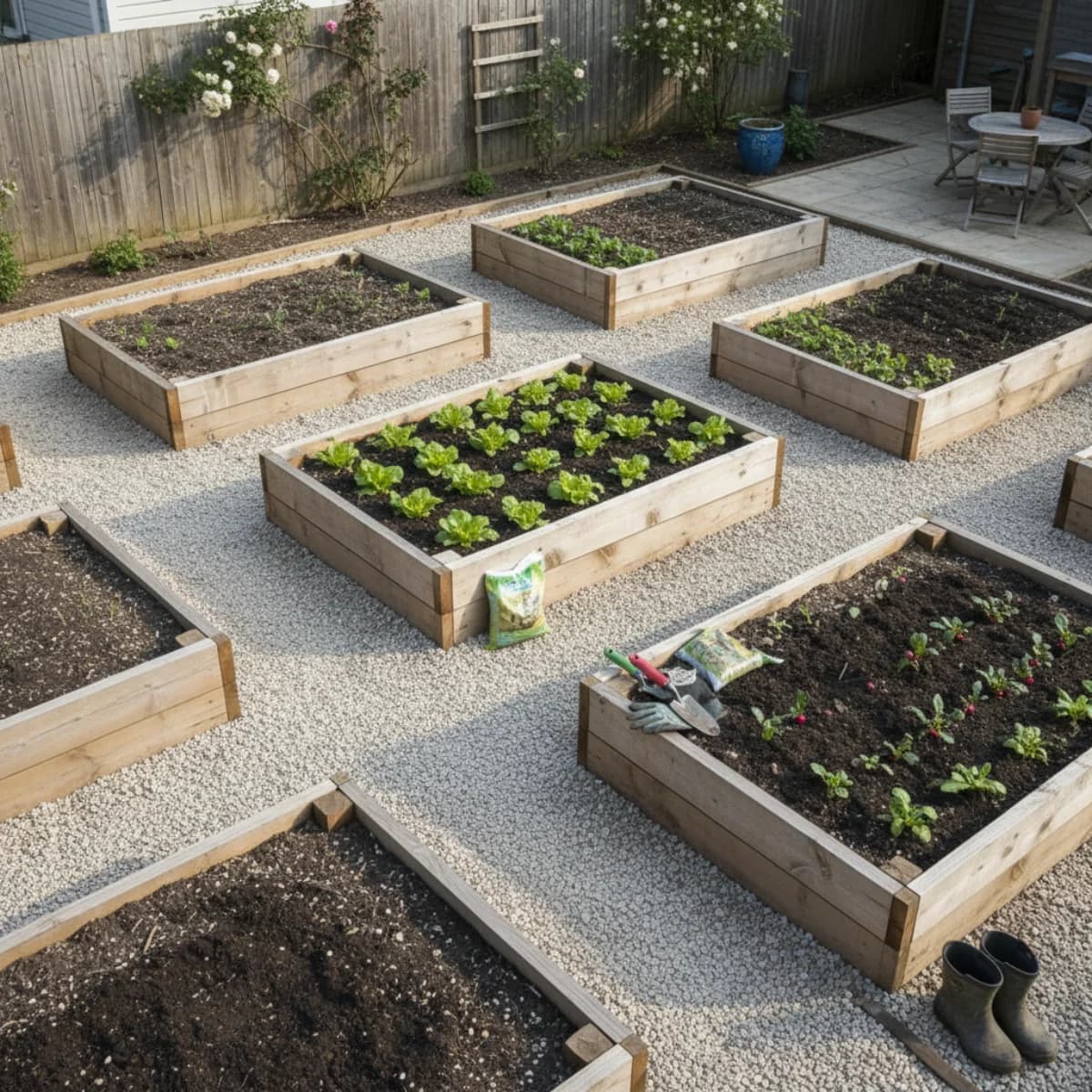 Overhead view of a neatly organized vegetable garden with raised beds and clear pathways in early season