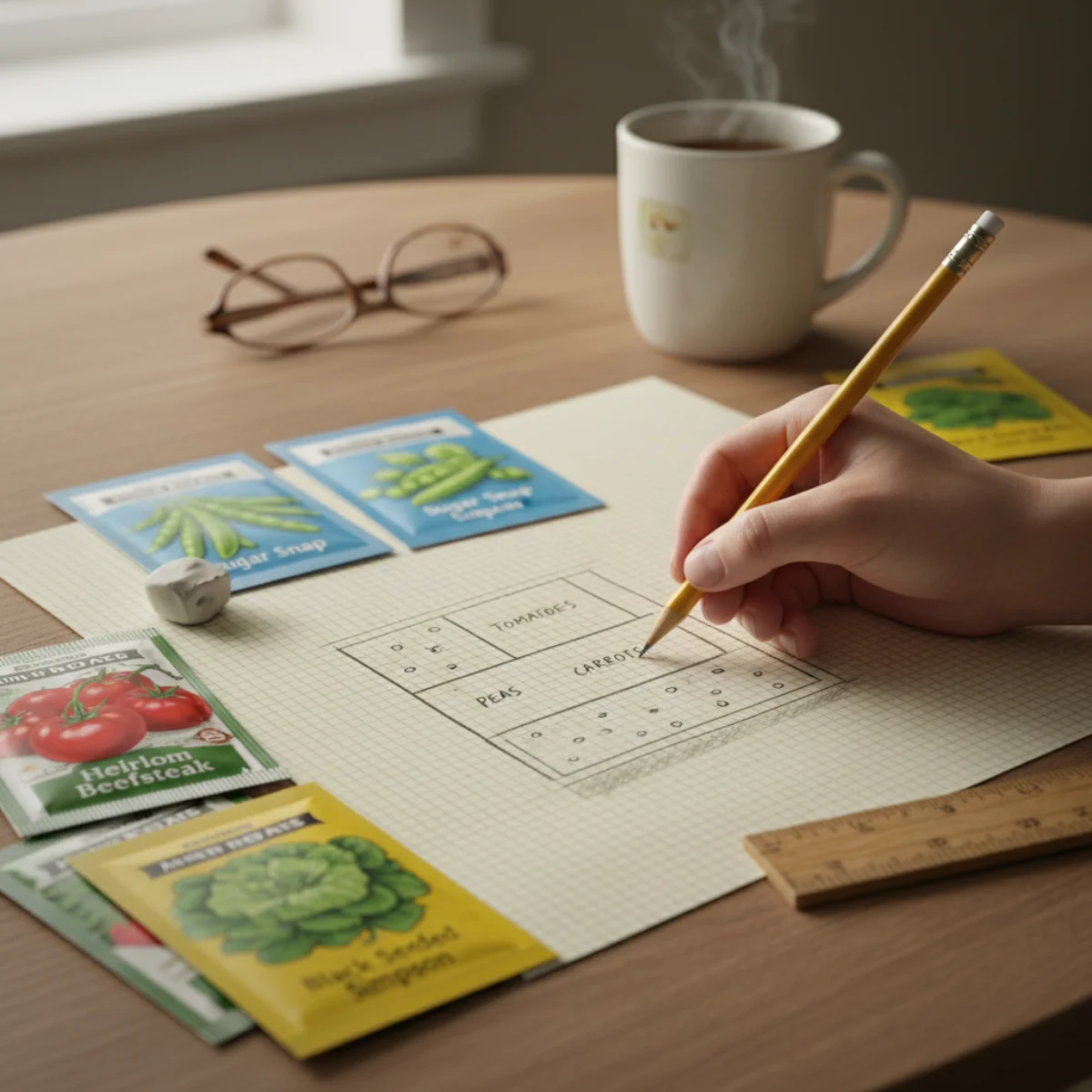 Person sketching vegetable garden layout on graph paper with seed packets nearby