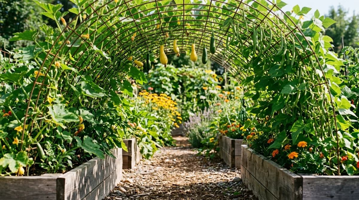 Cattle panel arch trellis covered in squash vines creating a green tunnel in a garden