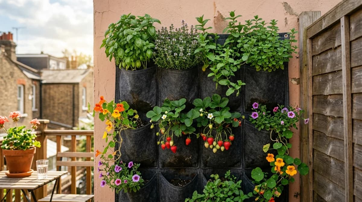 Wall-mounted pocket planter filled with herbs and strawberries on a sunny patio wall