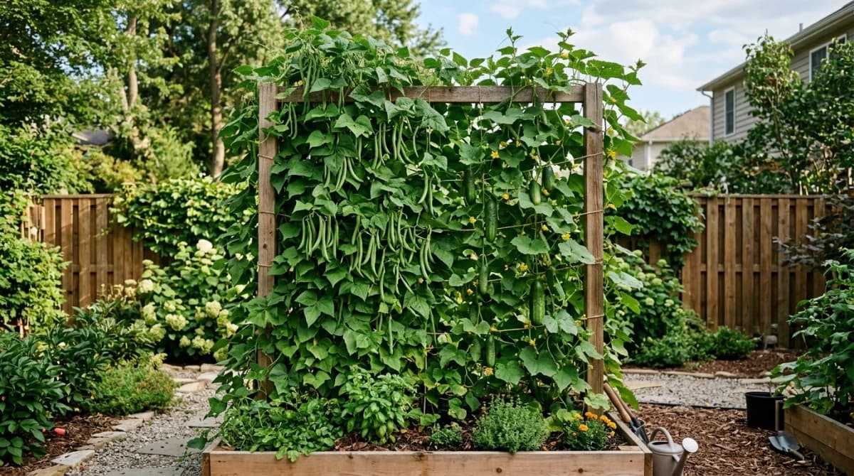 Lush vertical garden with climbing beans and cucumbers on a tall trellis in a backyard