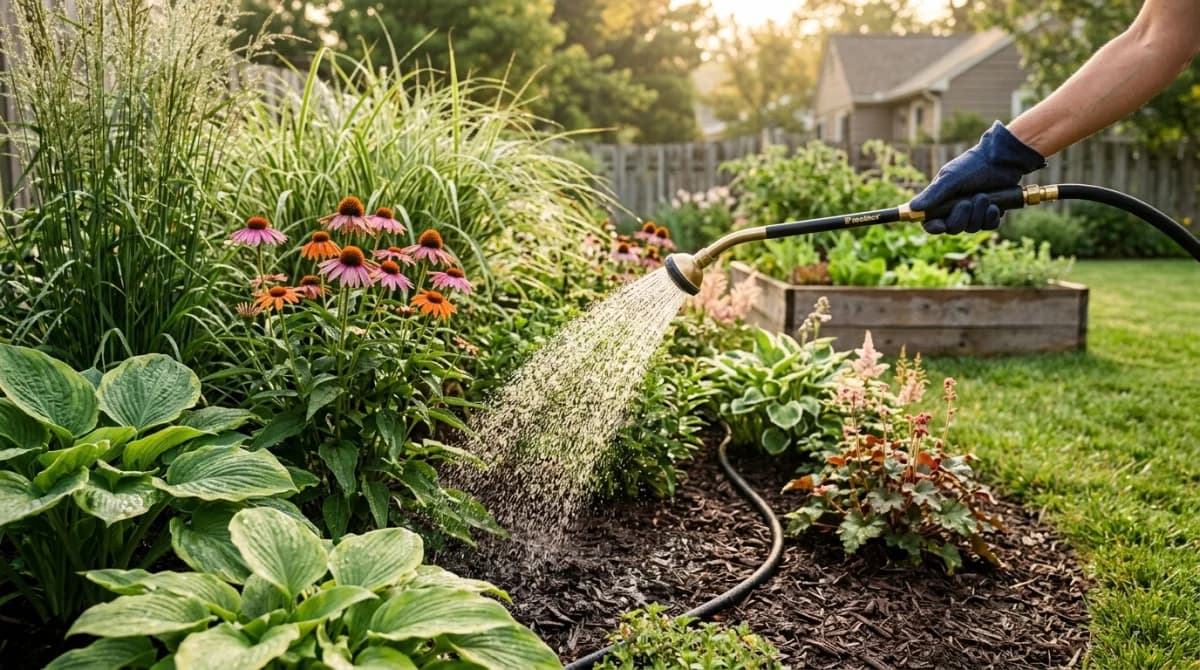 A garden hose with a watering wand gently soaking a mixed perennial bed in morning light
