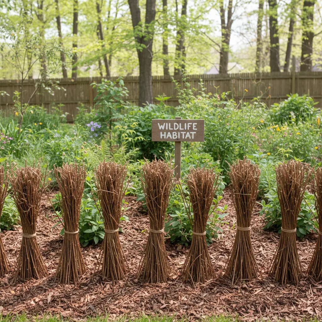 Border with neatly bundled stems, small sign 'wildlife habitat', leaf mulch under shrubs