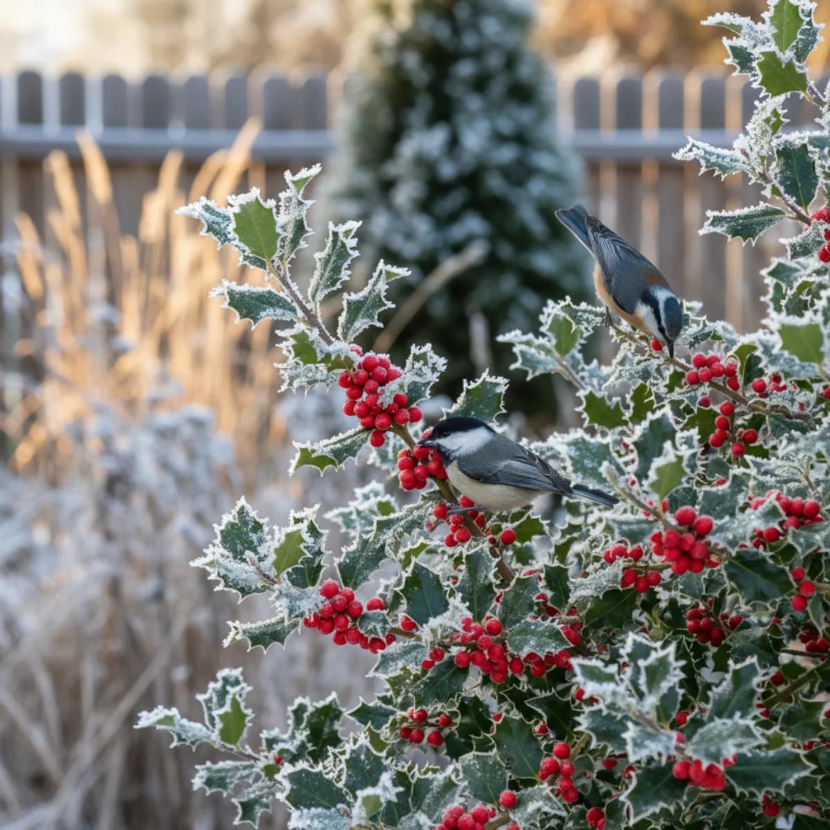 A holly tree with bright red berries covered in light snow, with a small bird perched among the branches